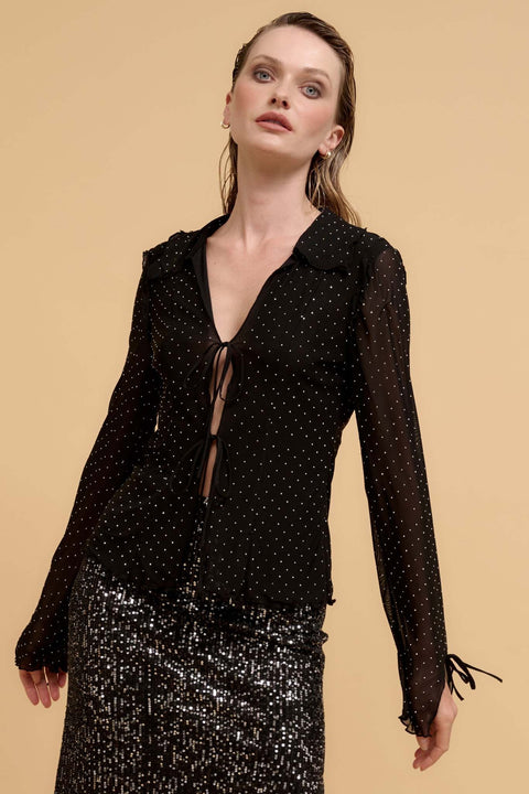 Falling Stars Studded Mesh Tie-Front Top - ShopPromesa