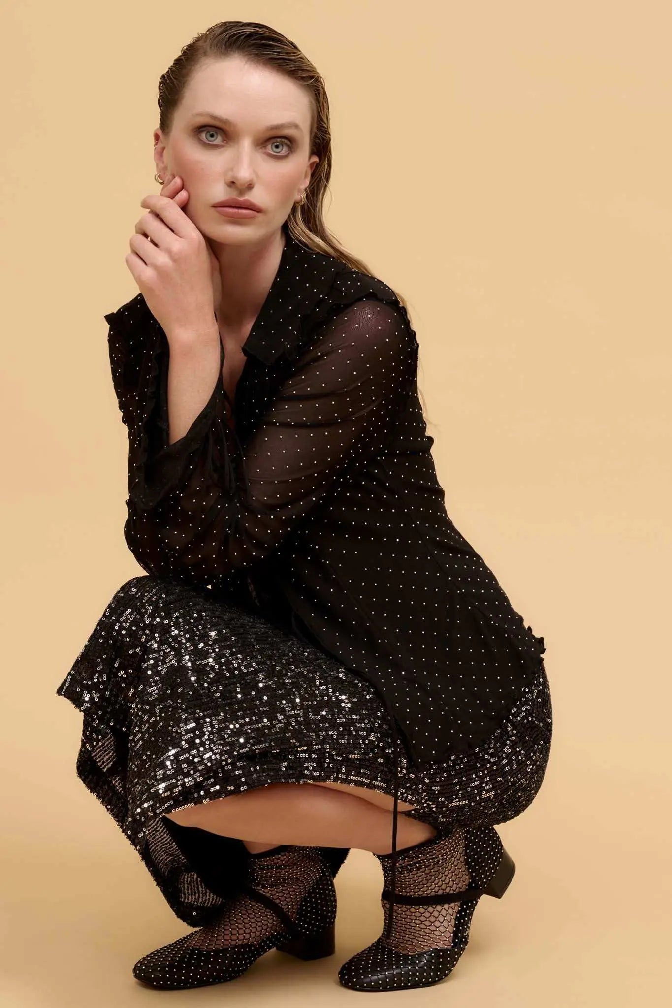 Falling Stars Studded Mesh Tie-Front Top Silver Grey / L Falling Stars Studded Mesh Tie-Front Top Silver Grey / L