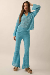 Diamond Dream Pointelle Crochet-Knit Polo Sweater - ShopPromesa