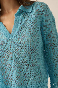 Diamond Dream Pointelle Crochet-Knit Polo Sweater - ShopPromesa