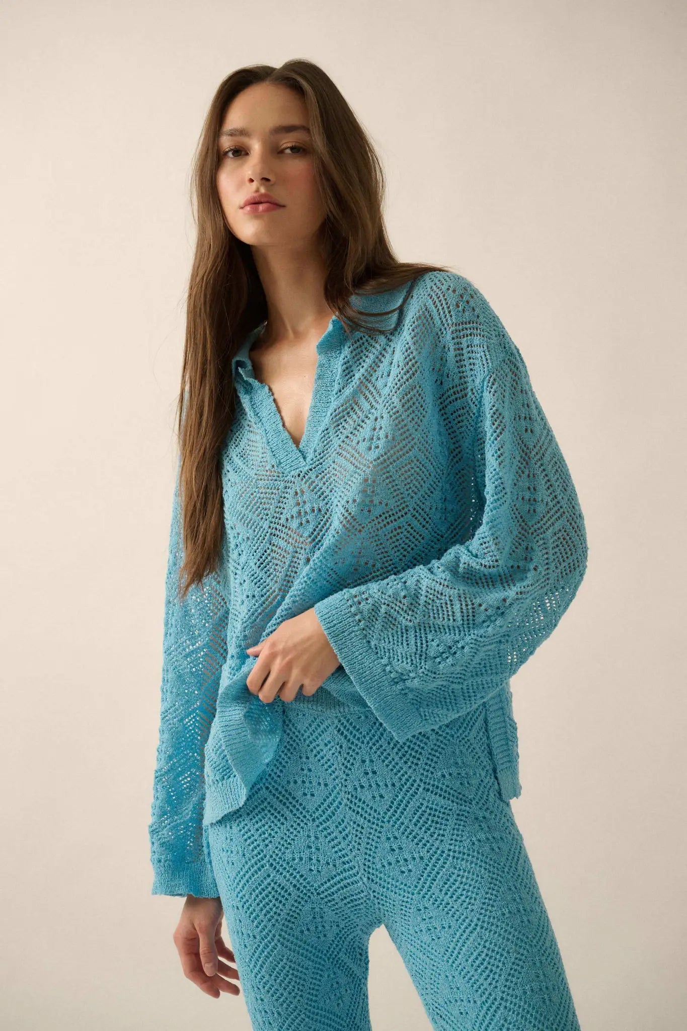 Diamond Dream Pointelle Crochet-Knit Polo Sweater Diamond Dream Pointelle Crochet-Knit Polo Sweater