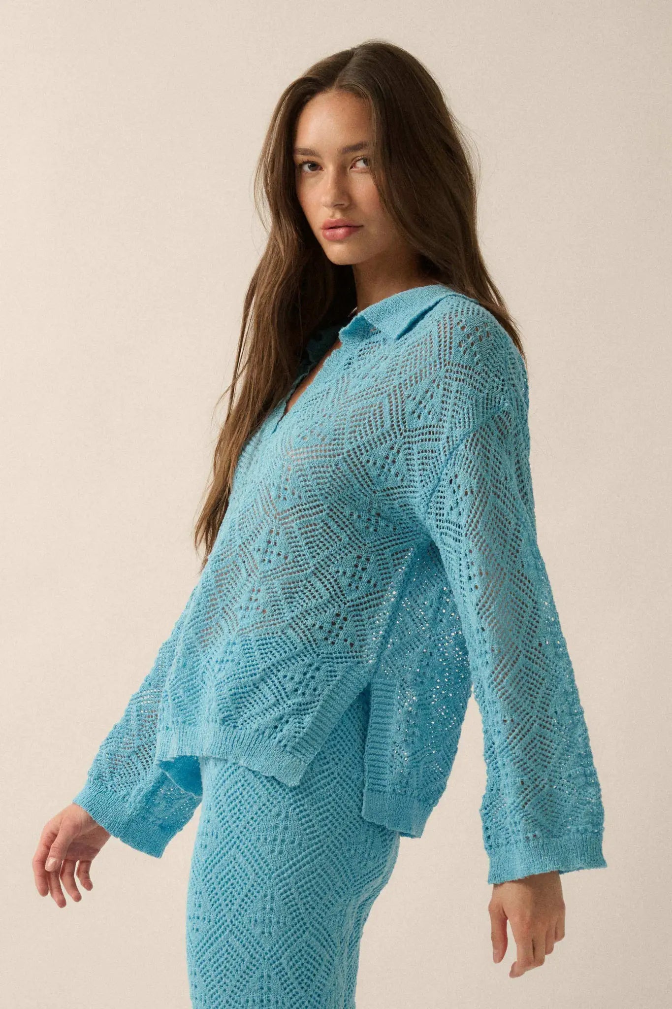 Diamond Dream Pointelle Crochet-Knit Polo Sweater - ShopPromesa