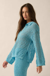 Diamond Dream Pointelle Crochet-Knit Polo Sweater - ShopPromesa