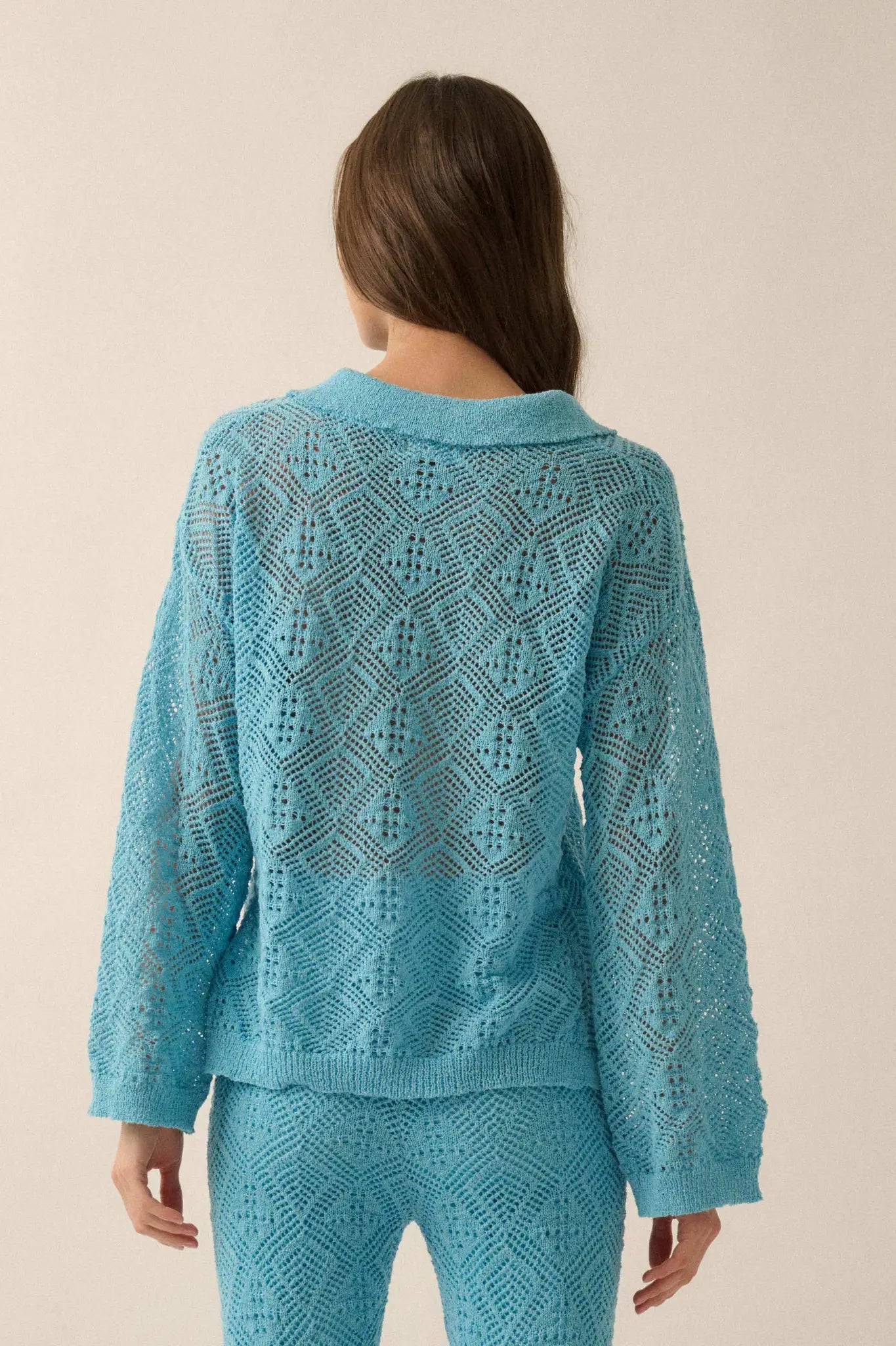 Diamond Dream Pointelle Crochet-Knit Polo Sweater - ShopPromesa