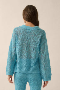 Diamond Dream Pointelle Crochet-Knit Polo Sweater - ShopPromesa