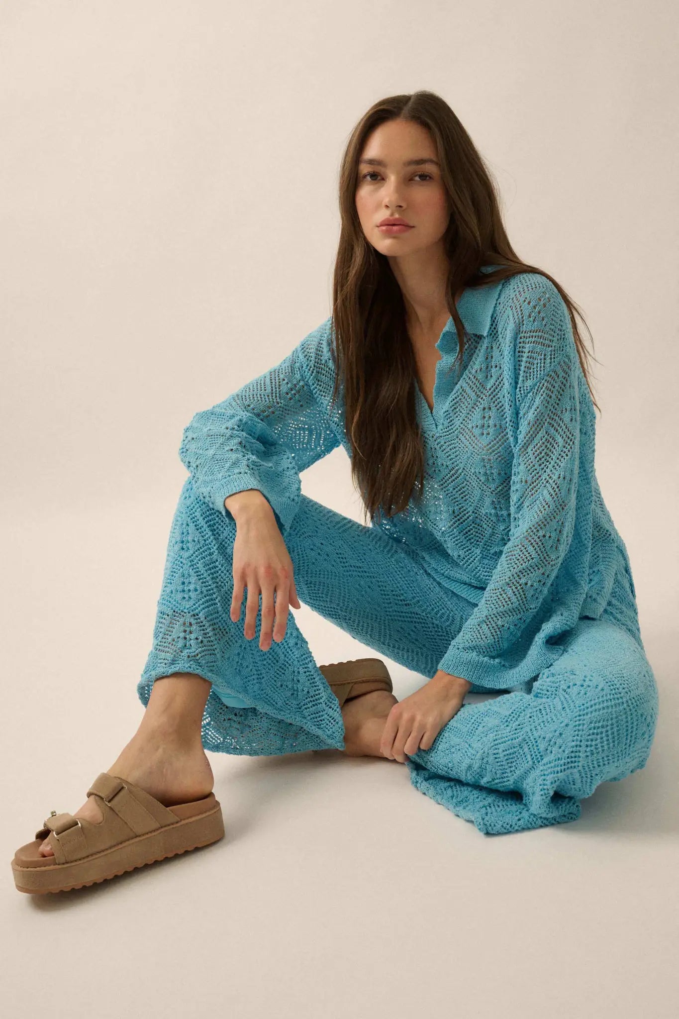 Diamond Dream Pointelle Crochet-Knit Polo Sweater Diamond Dream Pointelle Crochet-Knit Polo Sweater