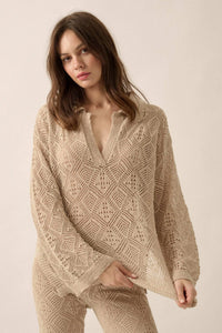 Diamond Dream Pointelle Crochet-Knit Polo Sweater - ShopPromesa