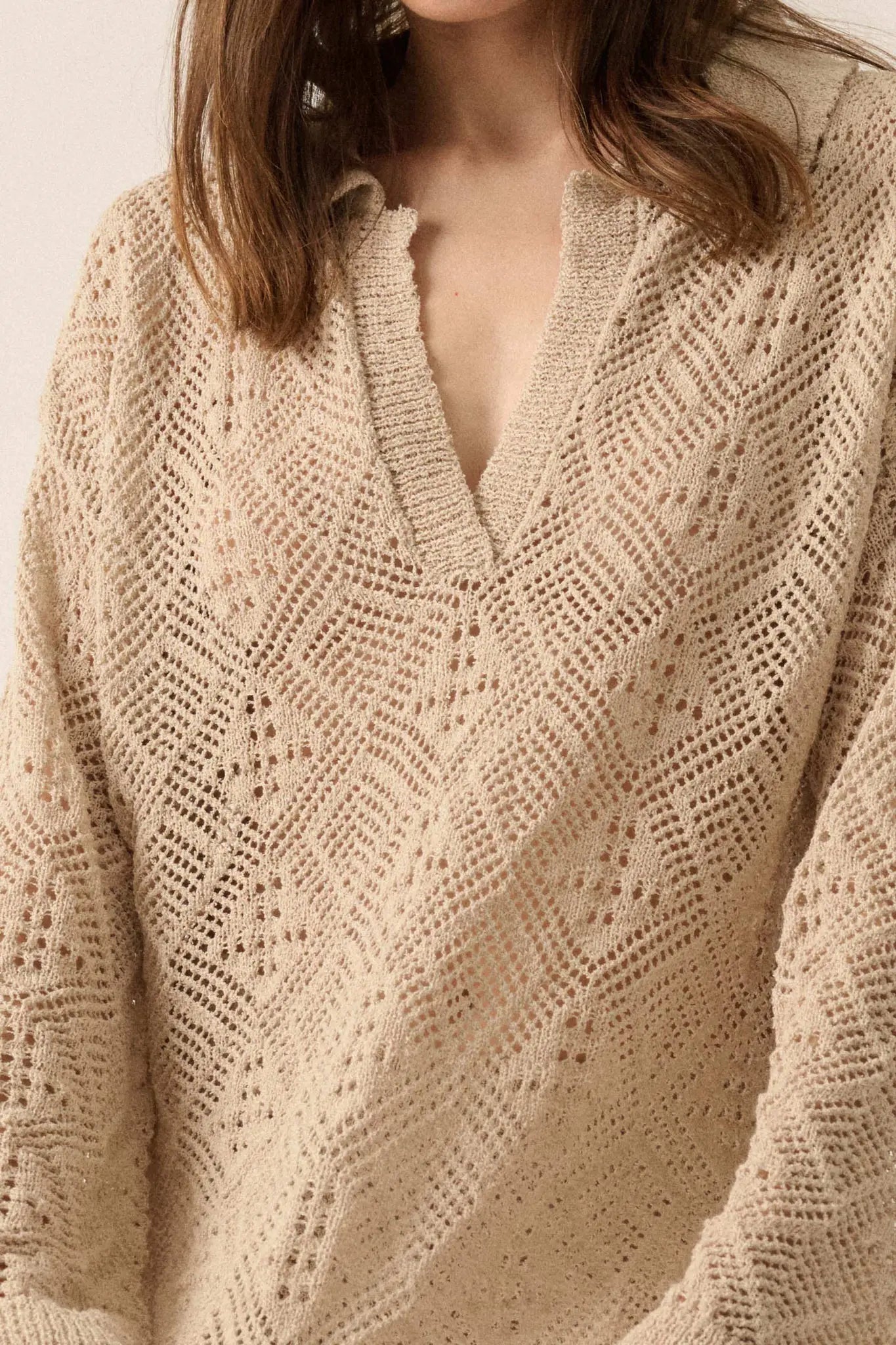 Diamond Dream Pointelle Crochet-Knit Polo Sweater - ShopPromesa