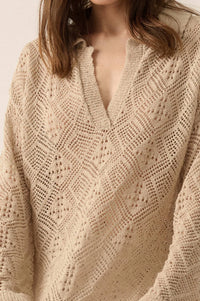 Diamond Dream Pointelle Crochet-Knit Polo Sweater - ShopPromesa