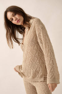 Diamond Dream Pointelle Crochet-Knit Polo Sweater - ShopPromesa