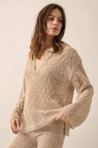 Diamond Dream Pointelle Crochet-Knit Polo Sweater - ShopPromesa