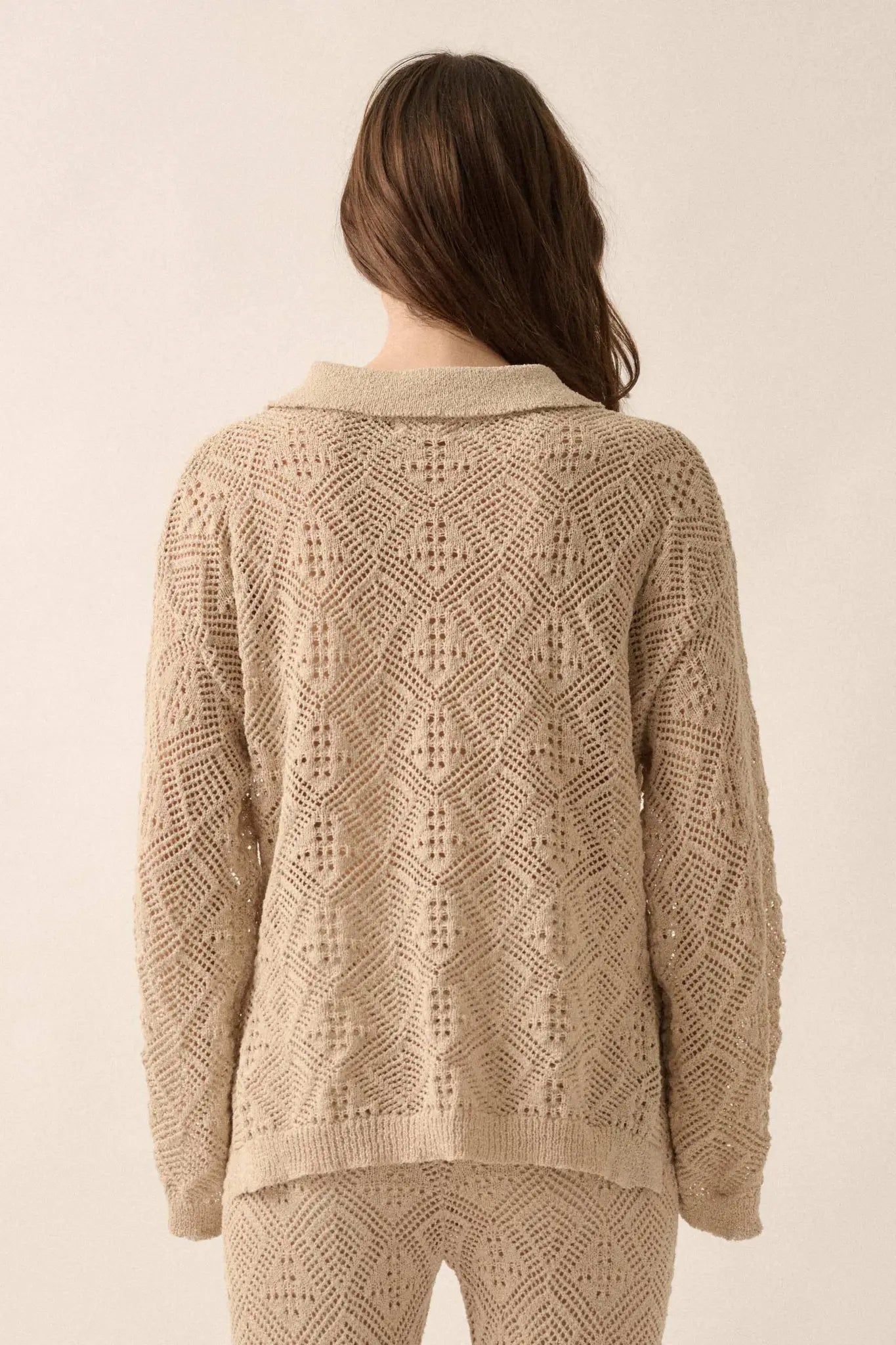 Diamond Dream Pointelle Crochet-Knit Polo Sweater - ShopPromesa
