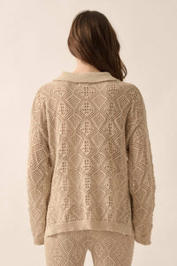 Diamond Dream Pointelle Crochet-Knit Polo Sweater - ShopPromesa