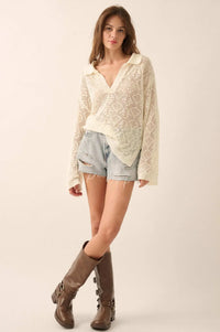 Diamond Dream Pointelle Crochet-Knit Polo Sweater - ShopPromesa