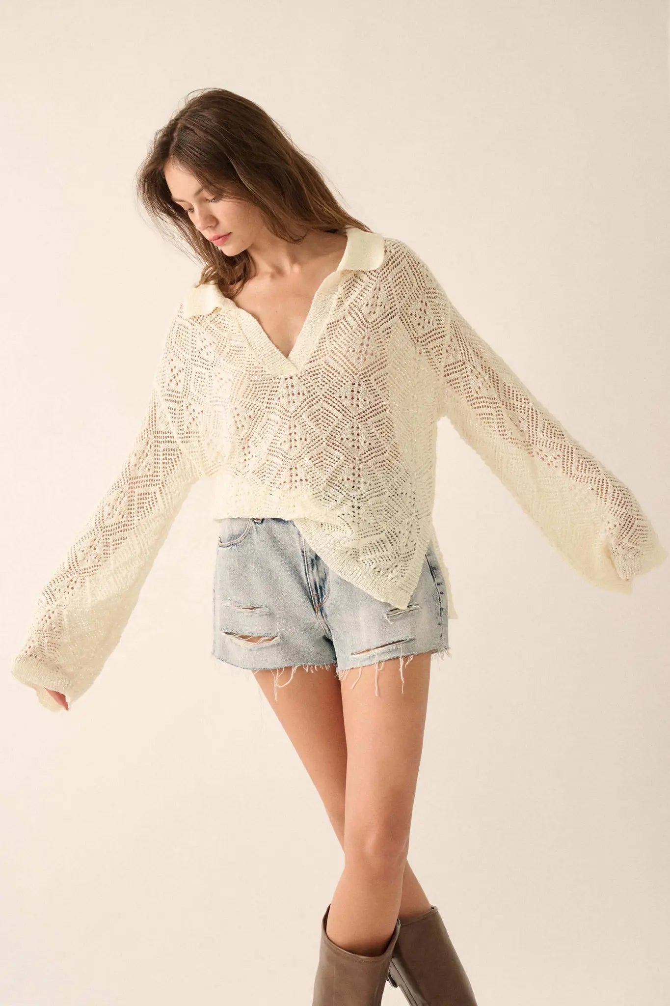 Diamond Dream Pointelle Crochet-Knit Polo Sweater - ShopPromesa