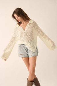 Diamond Dream Pointelle Crochet-Knit Polo Sweater - ShopPromesa