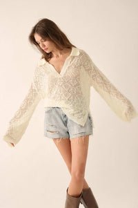 Diamond Dream Pointelle Crochet-Knit Polo Sweater - ShopPromesa