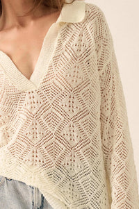 Diamond Dream Pointelle Crochet-Knit Polo Sweater - ShopPromesa