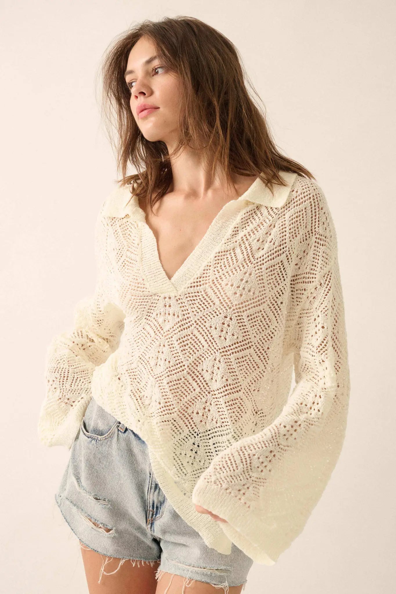 Diamond Dream Pointelle Crochet-Knit Polo Sweater - ShopPromesa