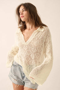 Diamond Dream Pointelle Crochet-Knit Polo Sweater - ShopPromesa