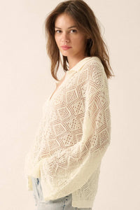 Diamond Dream Pointelle Crochet-Knit Polo Sweater - ShopPromesa