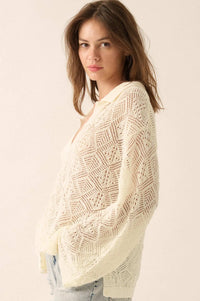 Diamond Dream Pointelle Crochet-Knit Polo Sweater - ShopPromesa