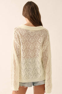Diamond Dream Pointelle Crochet-Knit Polo Sweater - ShopPromesa