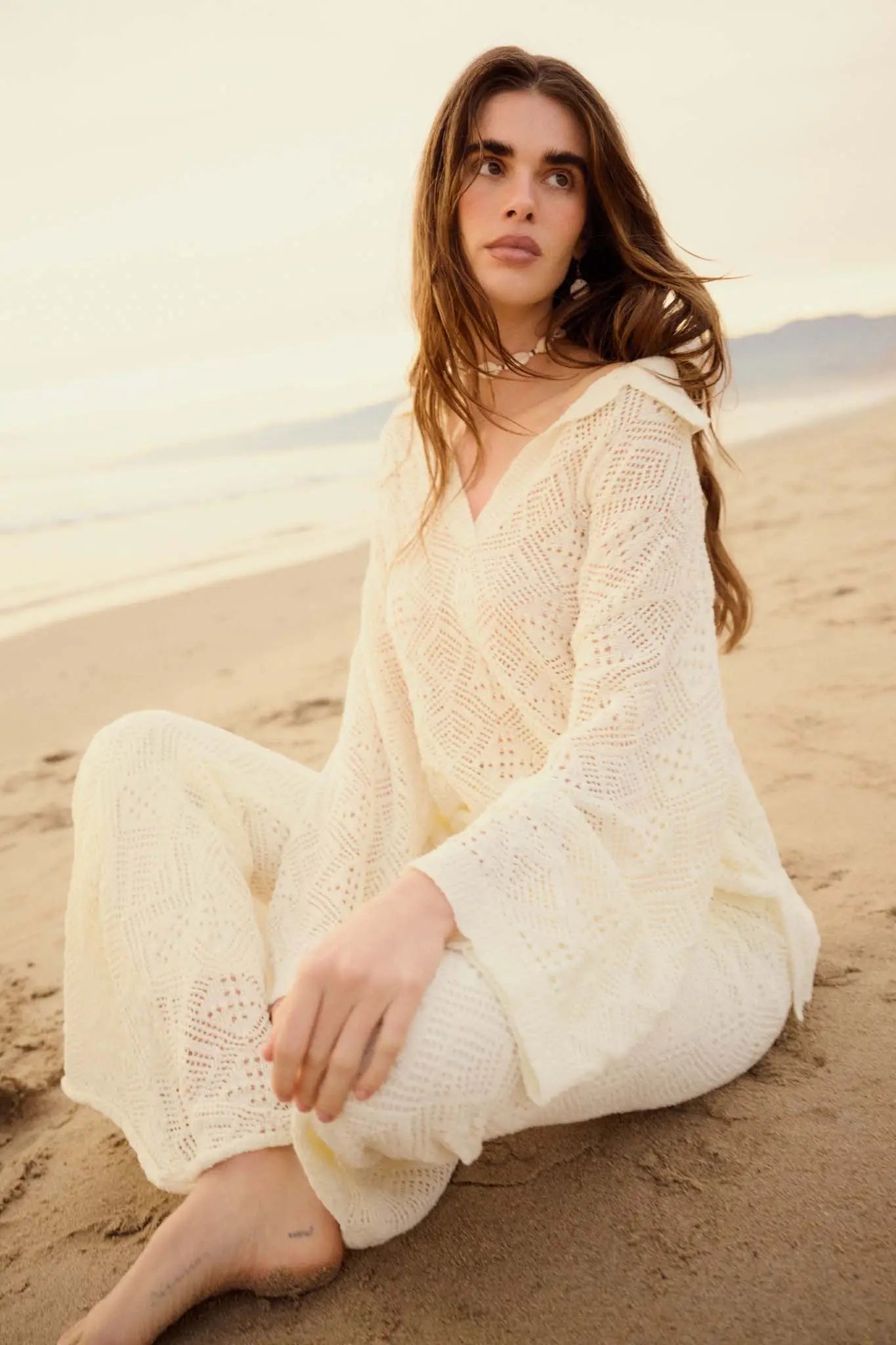 Diamond Dream Pointelle Crochet-Knit Polo Sweater