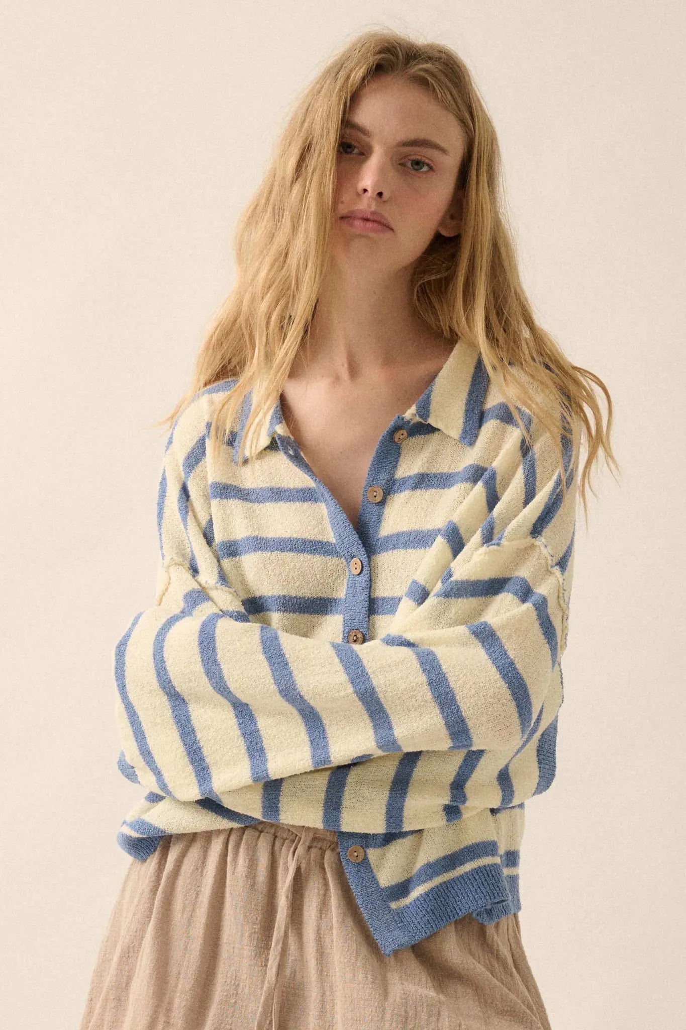 Between the Lines Striped Knit Collared Cardigan - ShopPromesa