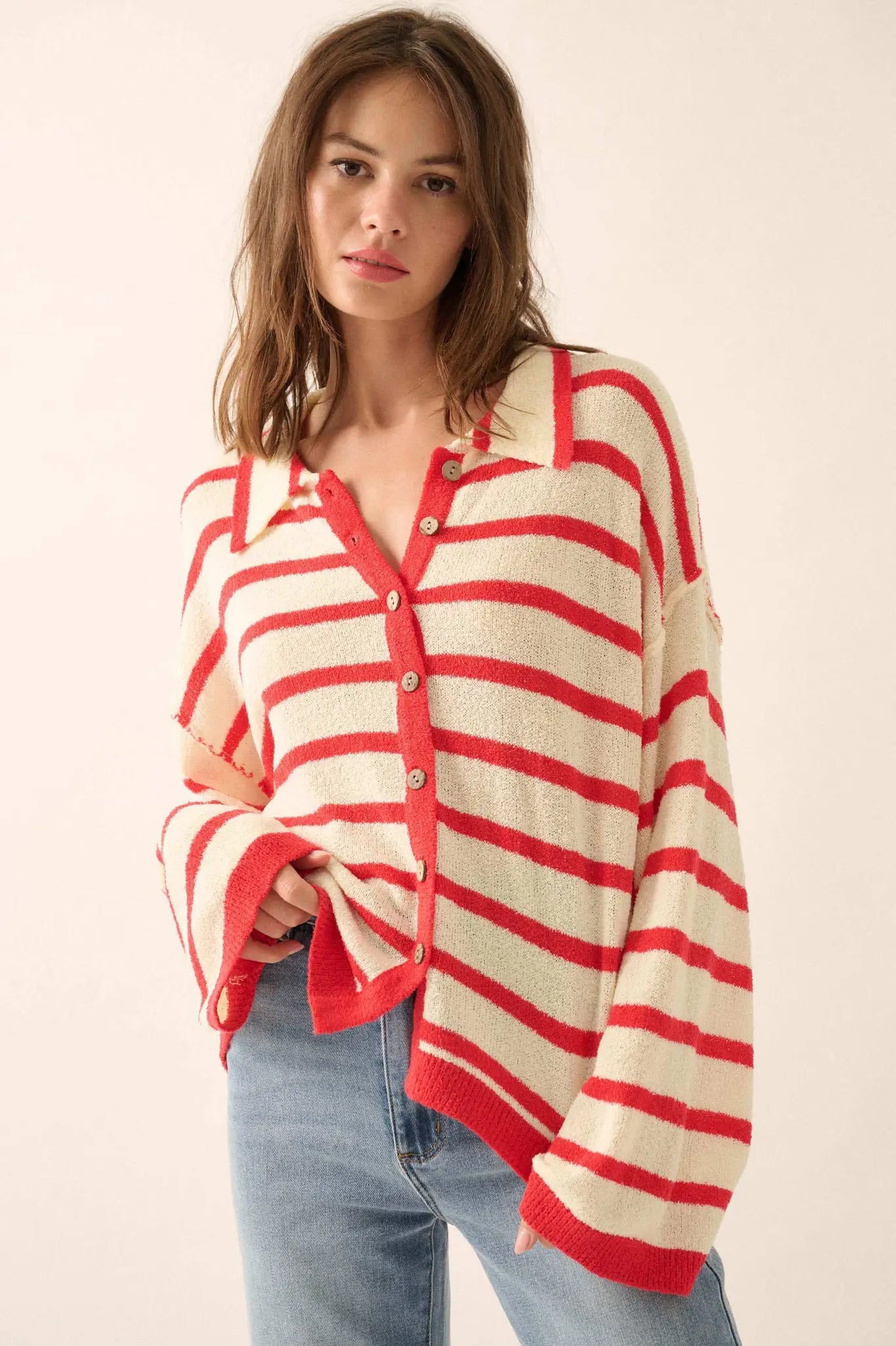 Between the Lines Striped Knit Collared Cardigan - ShopPromesa