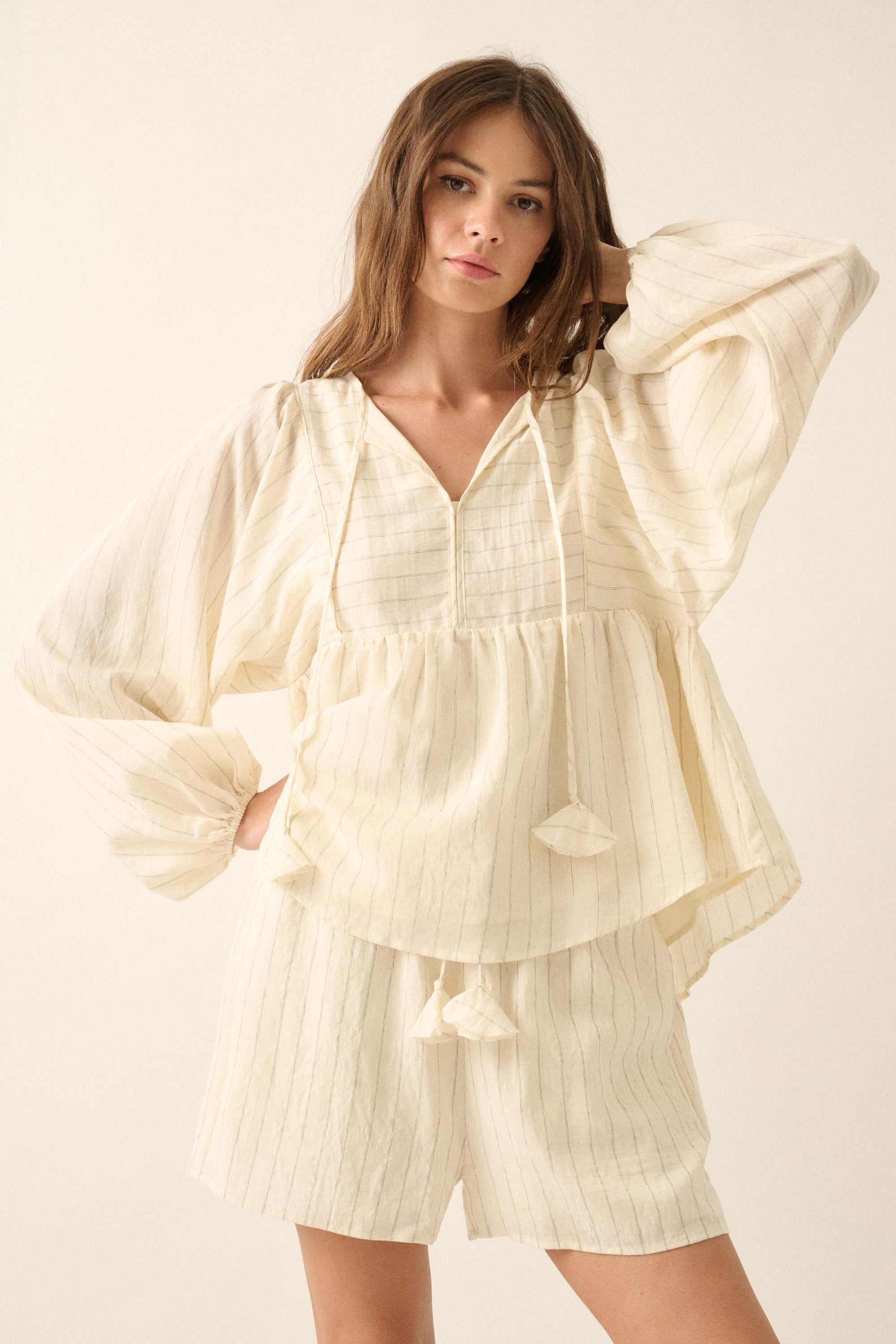 Spring Breeze Pinstripe Babydoll Peasant Top - ShopPromesa