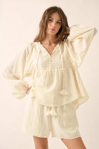 Spring Breeze Pinstripe Babydoll Peasant Top - ShopPromesa