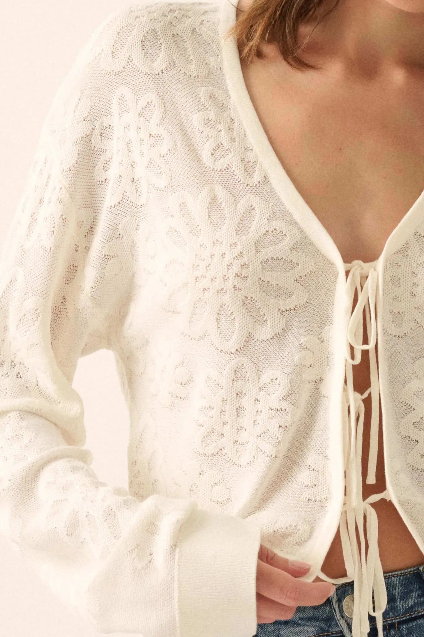 Flower Song Floral Jacquard Knit Tie-Front Cardigan - ShopPromesa