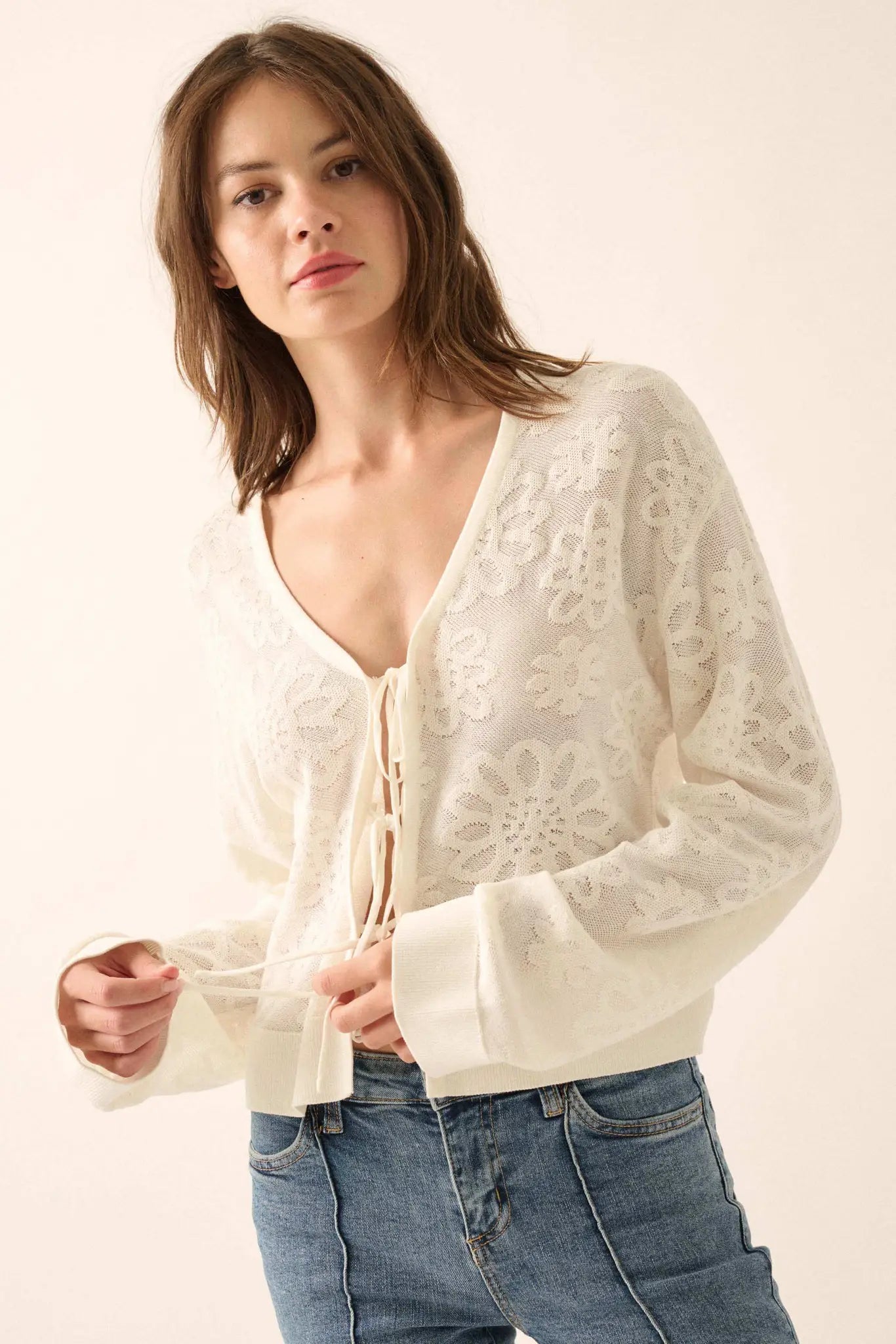 Flower Song Floral Jacquard Knit Tie-Front Cardigan - ShopPromesa