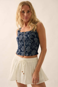 Burst of Blue Floral Jacquard Denim Corset Top - ShopPromesa