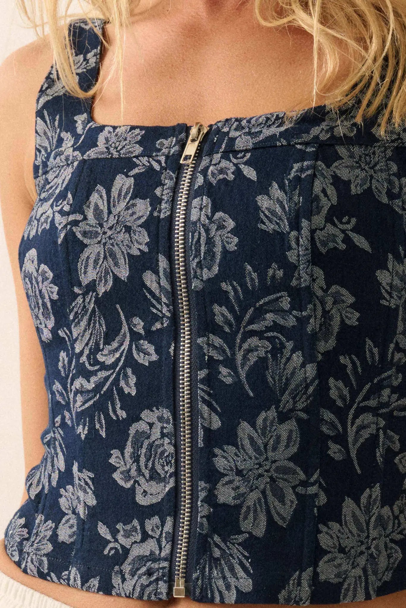 Burst of Blue Floral Jacquard Denim Corset Top - ShopPromesa