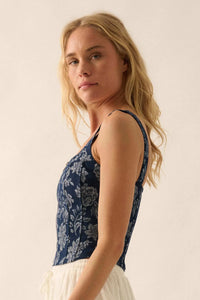 Burst of Blue Floral Jacquard Denim Corset Top - ShopPromesa