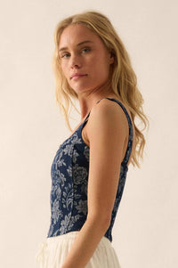 Burst of Blue Floral Jacquard Denim Corset Top - ShopPromesa