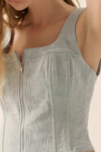 Burst of Blue Floral Jacquard Denim Corset Top - ShopPromesa
