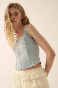 Burst of Blue Floral Jacquard Denim Corset Top - ShopPromesa
