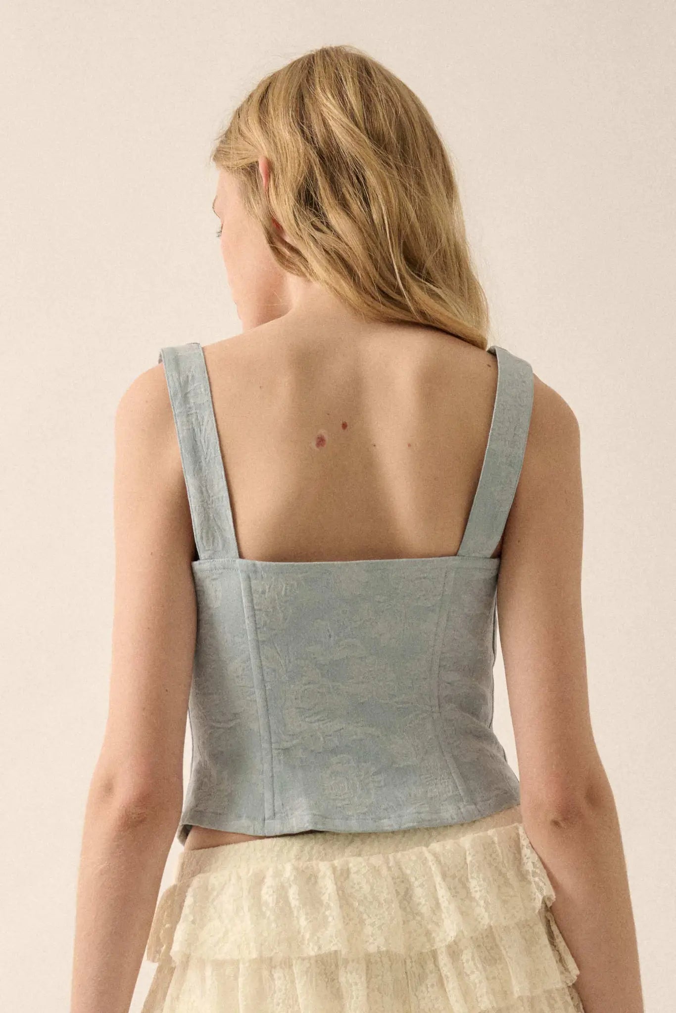 Burst of Blue Floral Jacquard Denim Corset Top - ShopPromesa