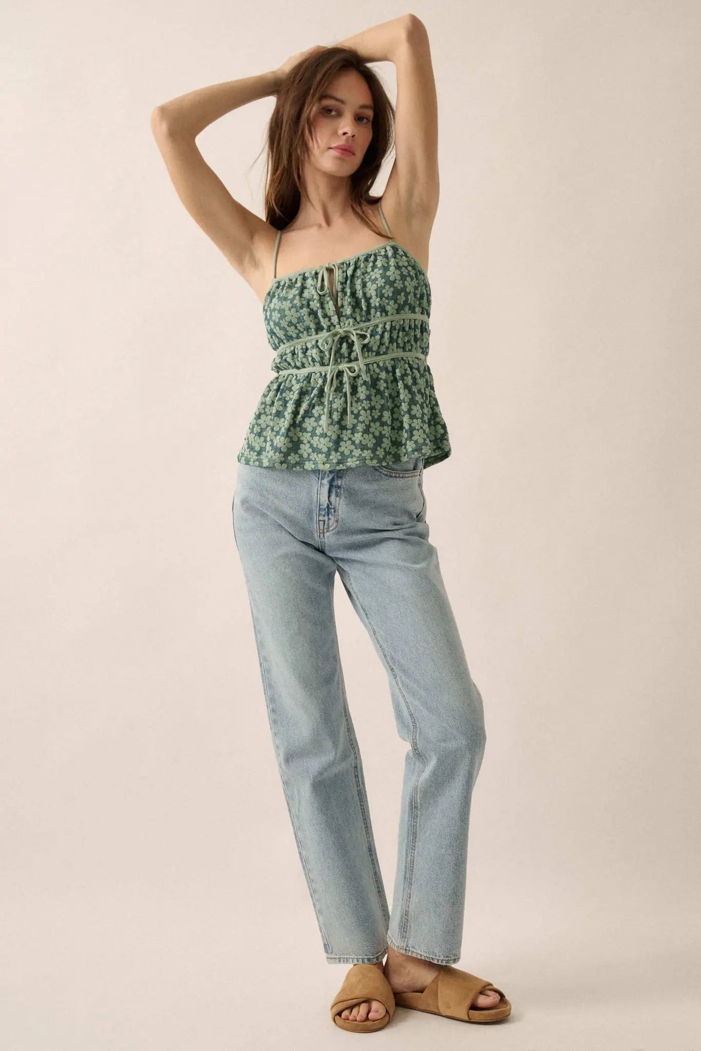 Home Grown Floral Tie-Front Babydoll Cami Top - ShopPromesa