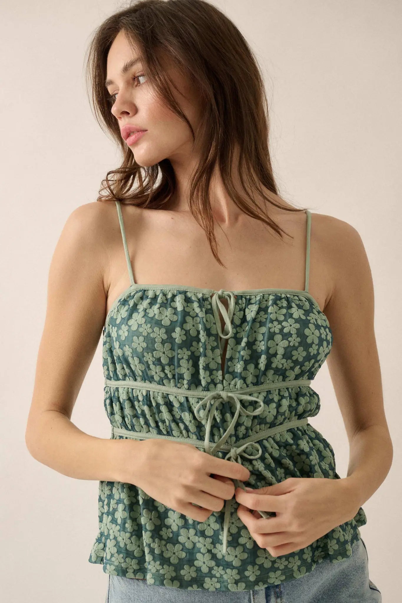 Home Grown Floral Tie-Front Babydoll Cami Top - ShopPromesa