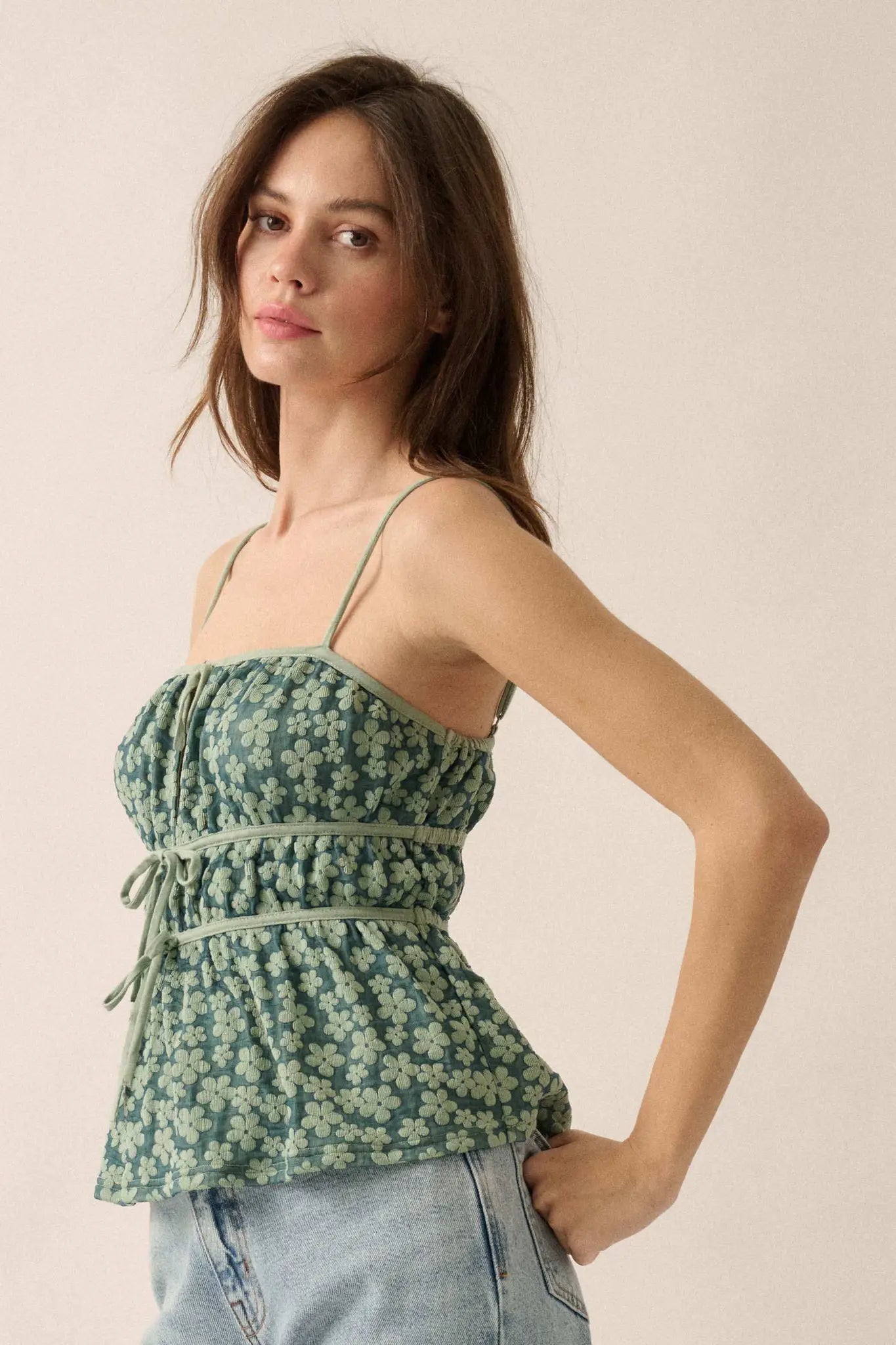 Home Grown Floral Tie-Front Babydoll Cami Top - ShopPromesa