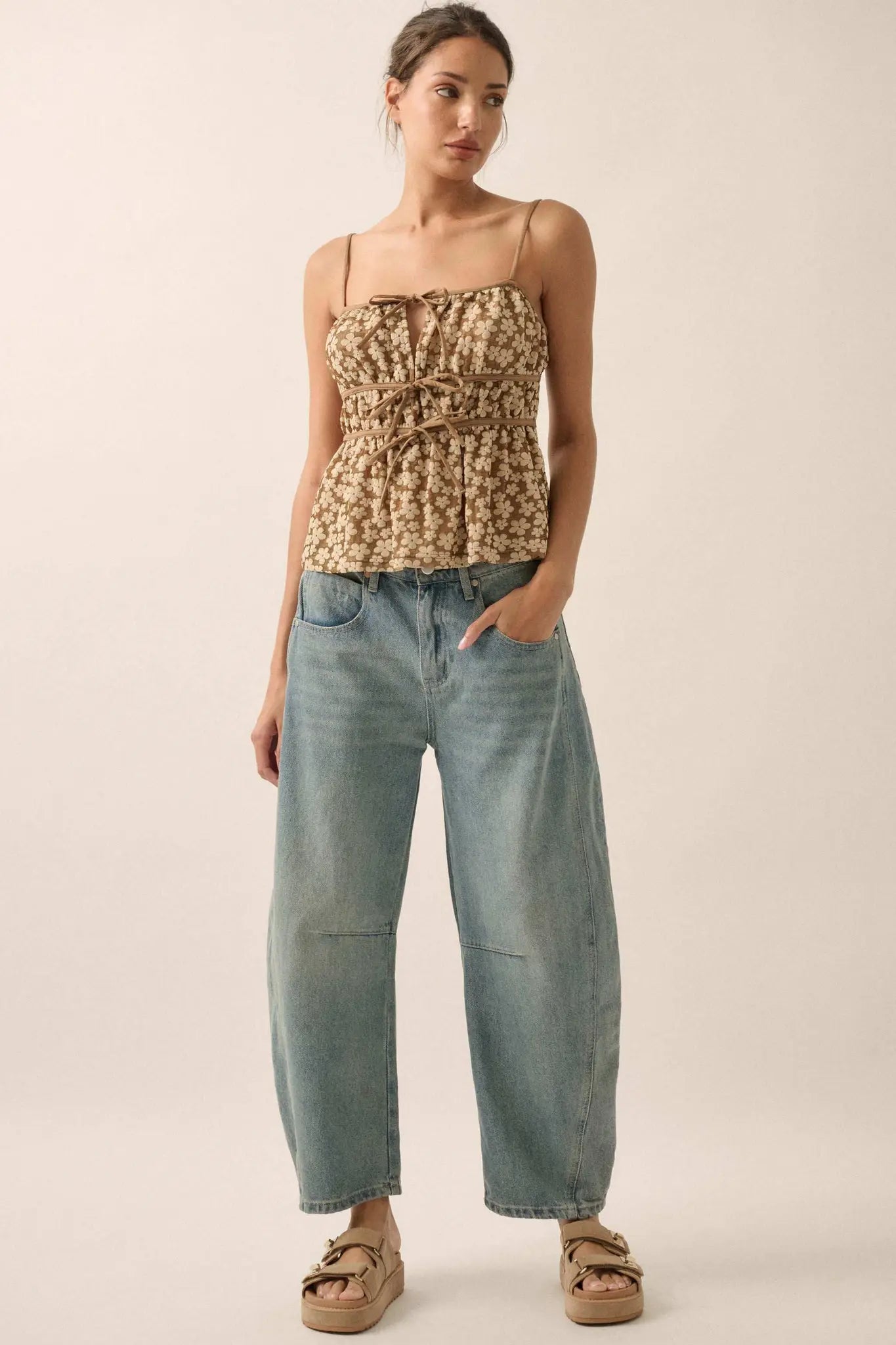 Home Grown Floral Tie-Front Babydoll Cami Top - ShopPromesa