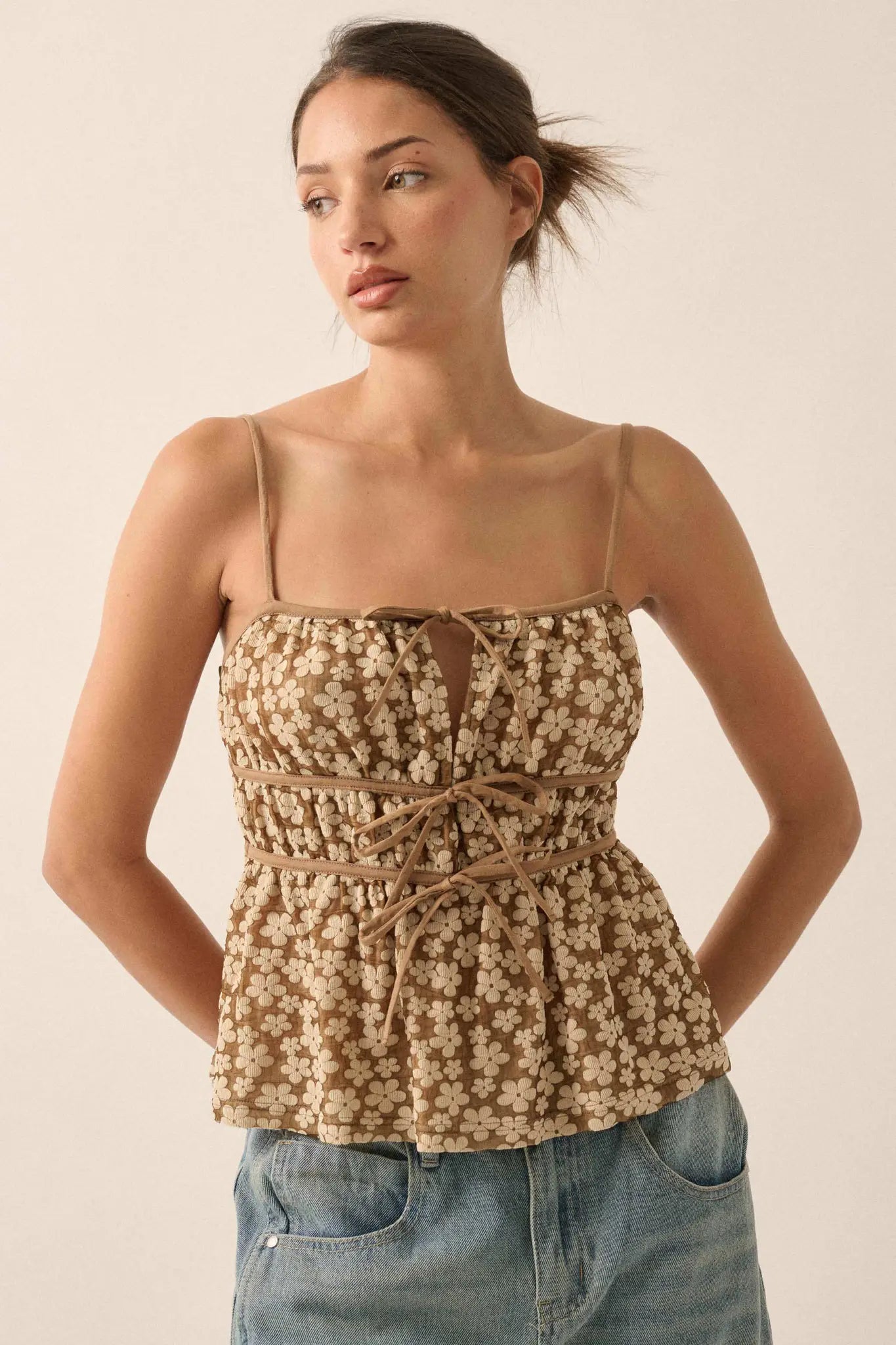 Home Grown Floral Tie-Front Babydoll Cami Top - ShopPromesa