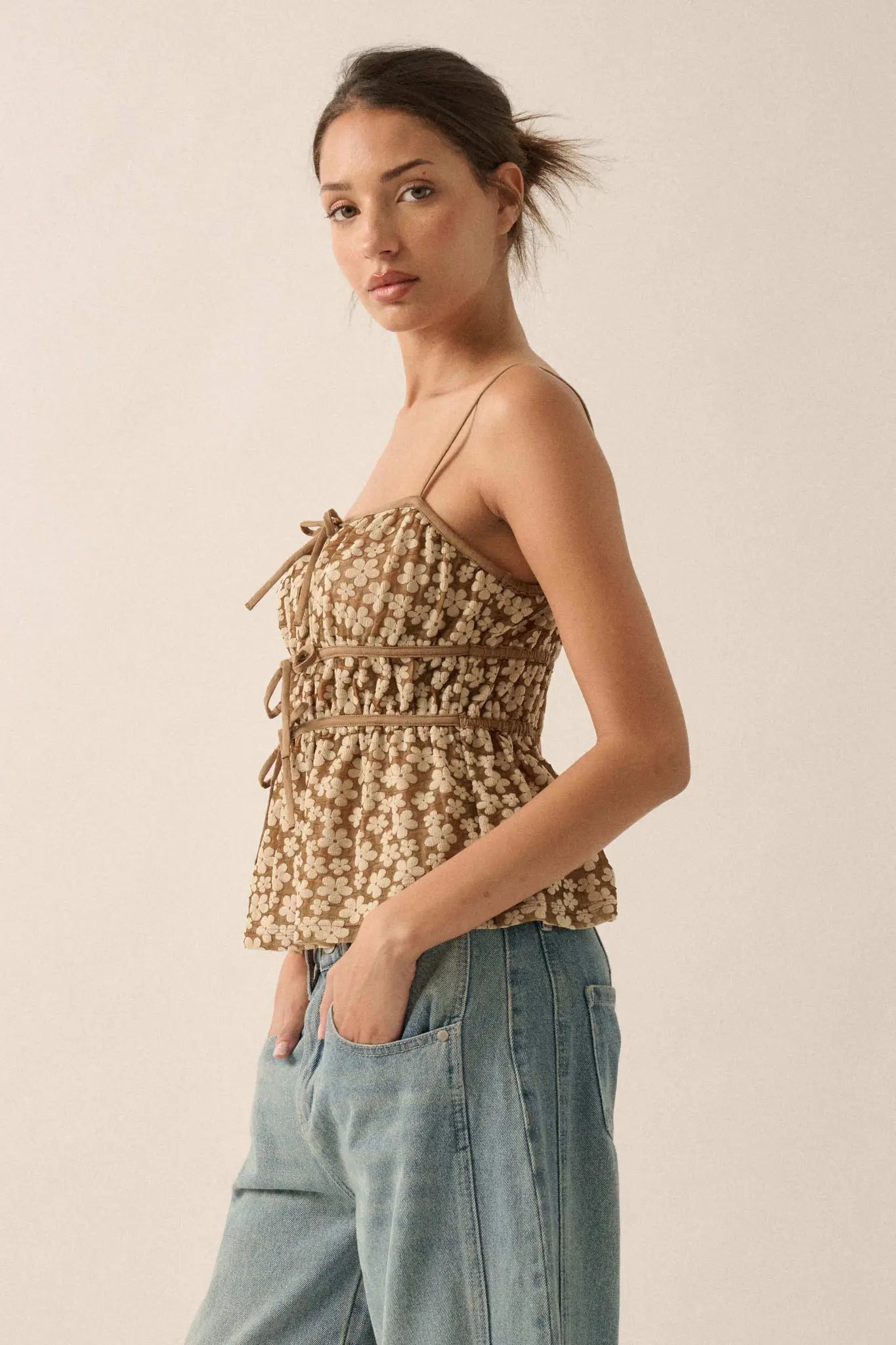 Home Grown Floral Tie-Front Babydoll Cami Top - ShopPromesa