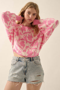 Abstract Garden Floral Jacquard Cropped Sweater - ShopPromesa