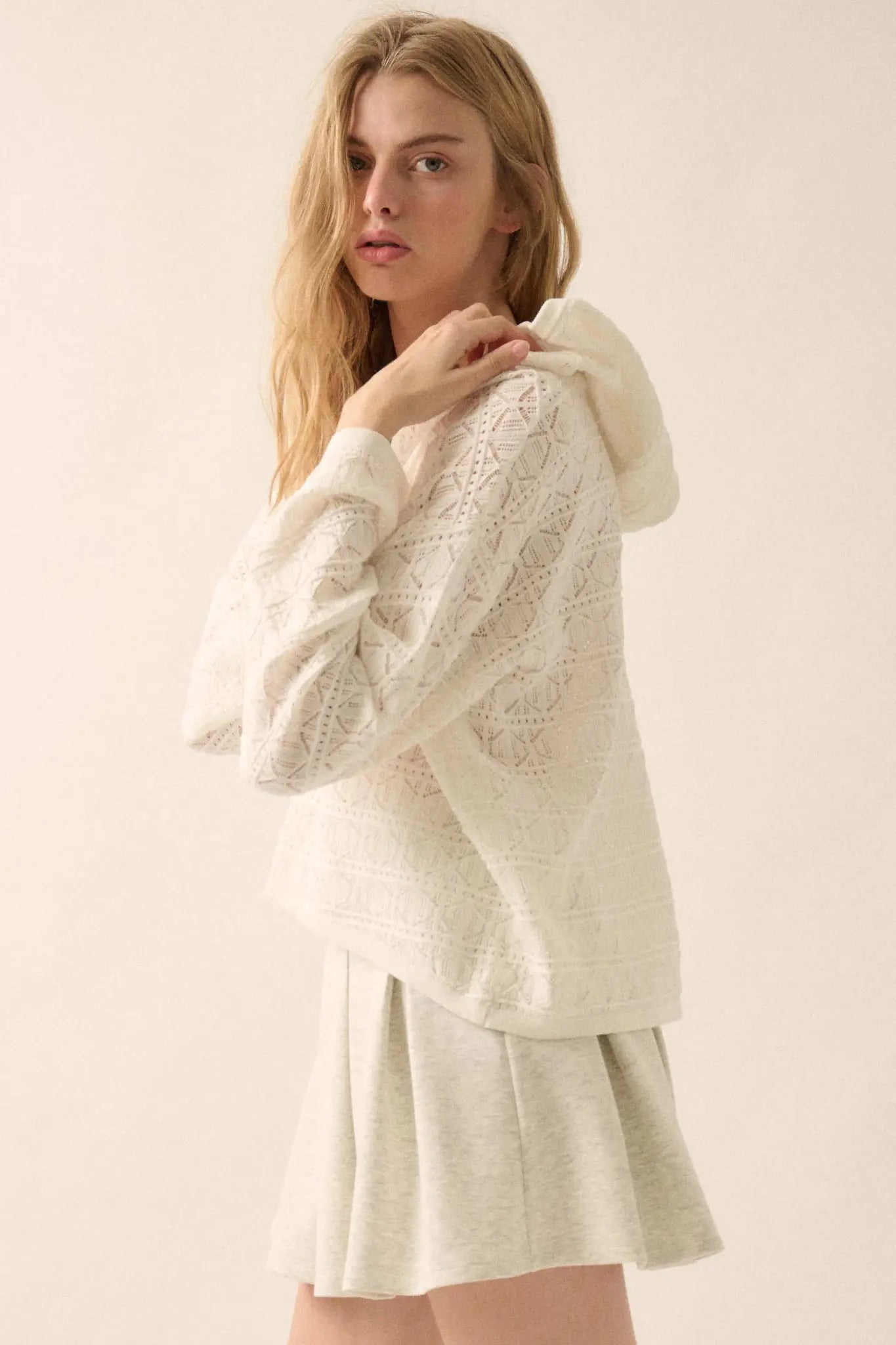 Hang Loose Pointelle Crochet-Knit Hoodie Sweater