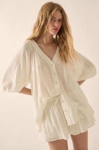 Fresh Feeling Textured Cotton Button-Up Blouse - ShopPromesa